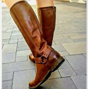 FRYE Women's Size 6 Leather Phillip Harness Tall Brown Zip-Up Boots